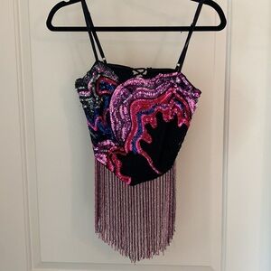 Abstract Floral Sequin Tassel Hem Crop Top